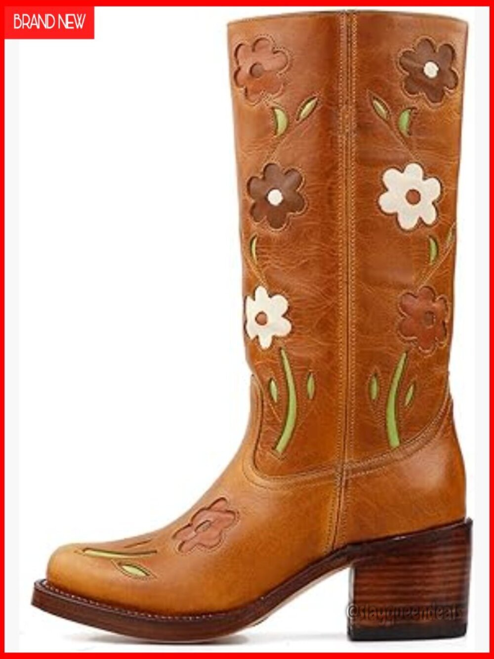 Knee High Boots Square Toe Chunky Block Heel Flower Applique Wide Calf